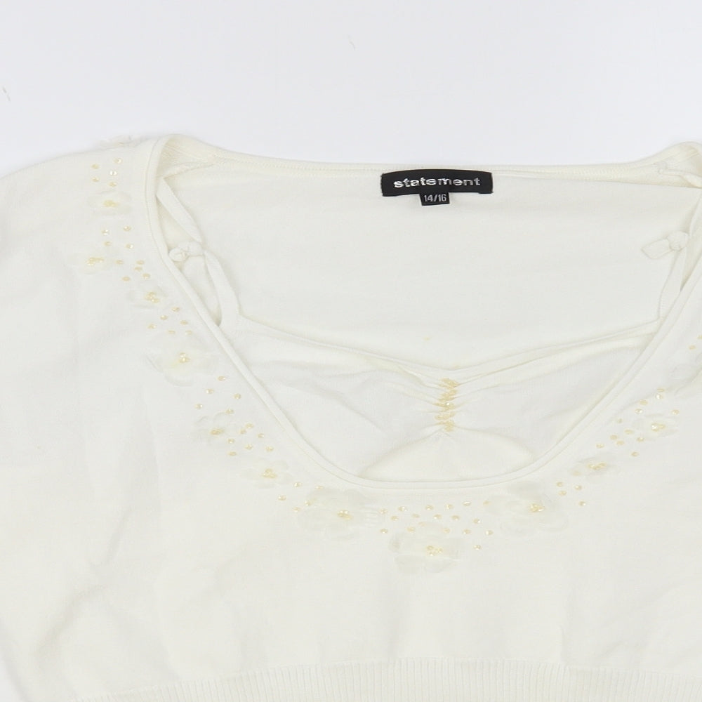 Statement Womens White Scoop Neck Viscose Pullover Jumper Size 14 - 3D Flowers