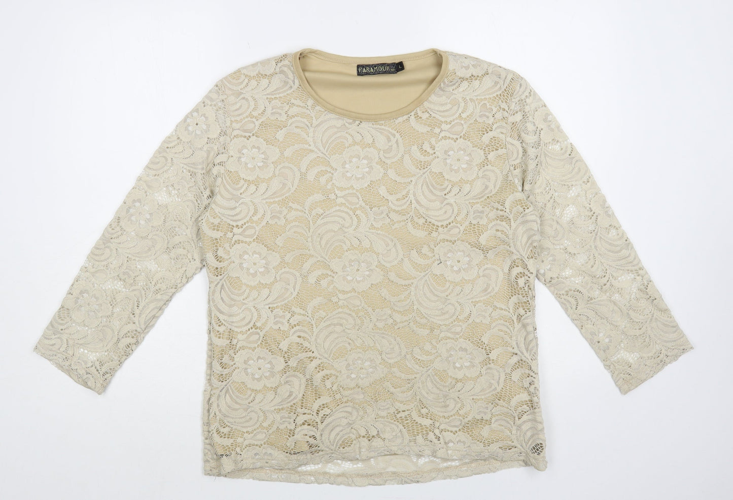 Paramour Womens Beige Floral Nylon Basic Blouse Size L Round Neck - Lace Overlay