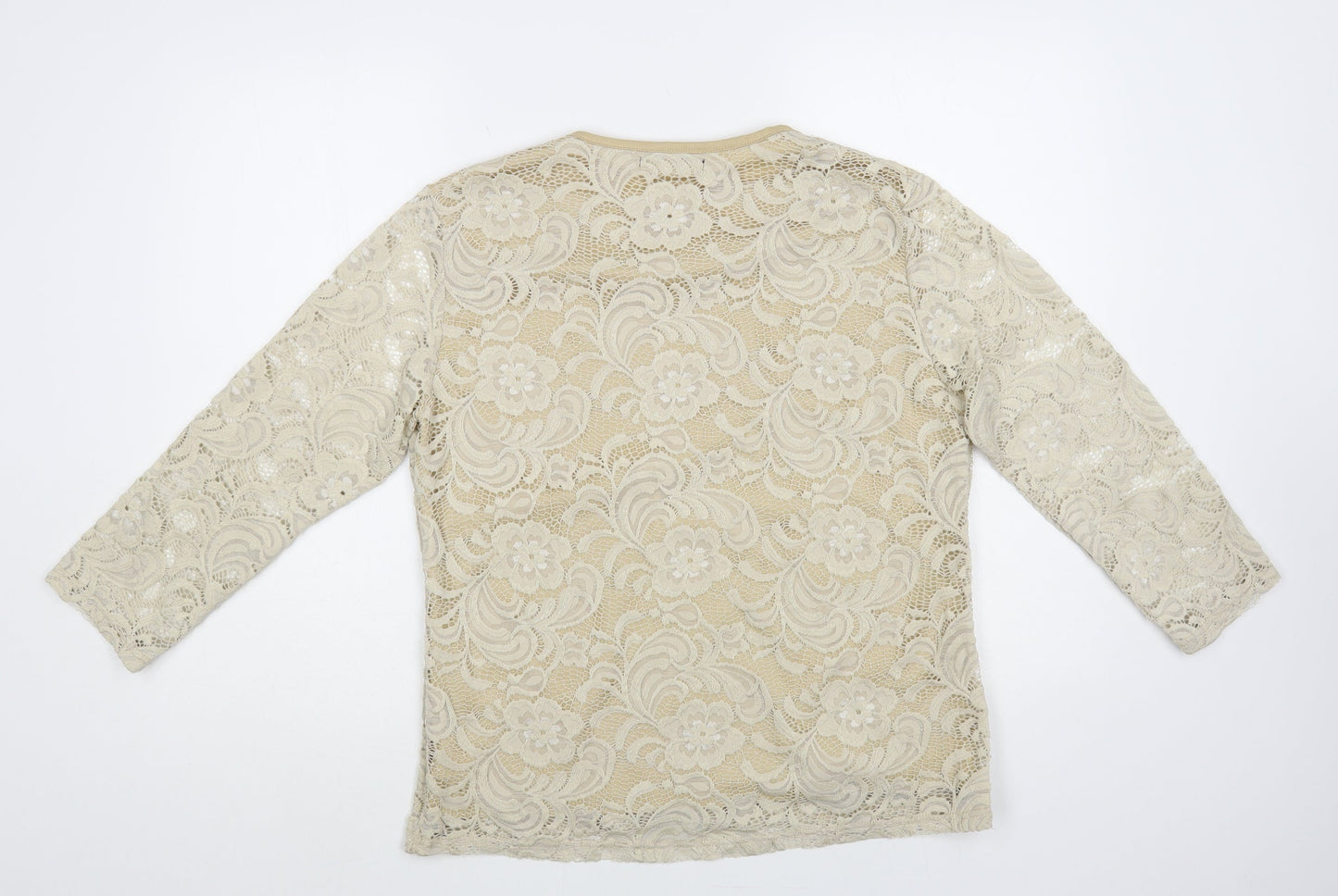 Paramour Womens Beige Floral Nylon Basic Blouse Size L Round Neck - Lace Overlay