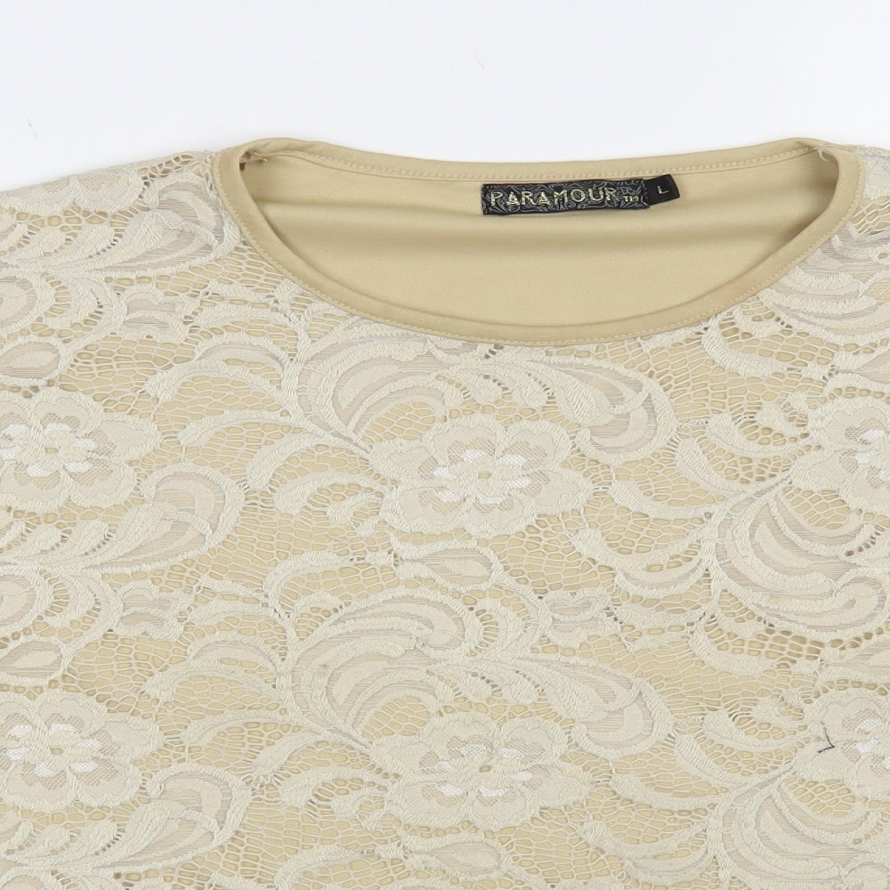 Paramour Womens Beige Floral Nylon Basic Blouse Size L Round Neck - Lace Overlay