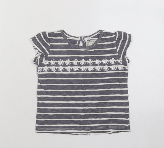 NEXT Girls Grey Striped Cotton Basic T-Shirt Size 9-12 Months Round Neck Button - Flowers
