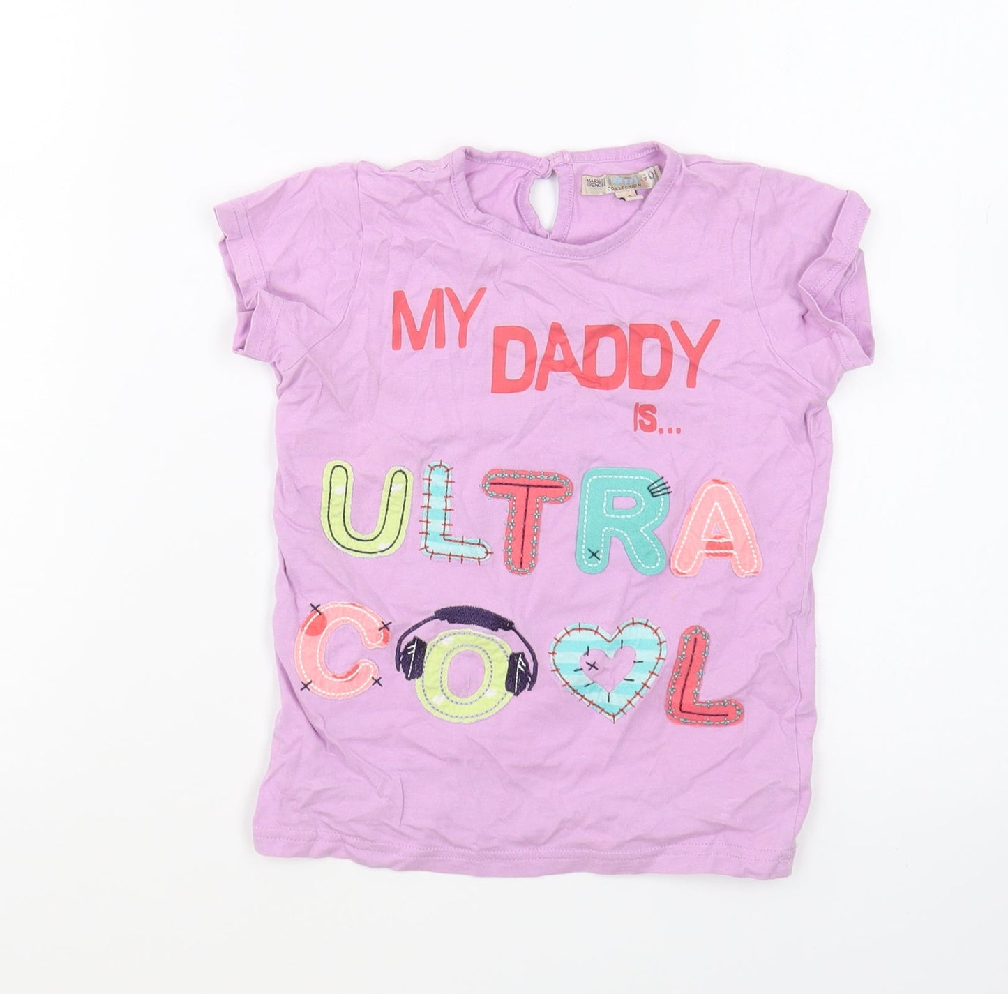 Marks and Spencer Girls Purple Cotton Basic T-Shirt Size 4-5 Years Round Neck Button - My Daddy is Cool
