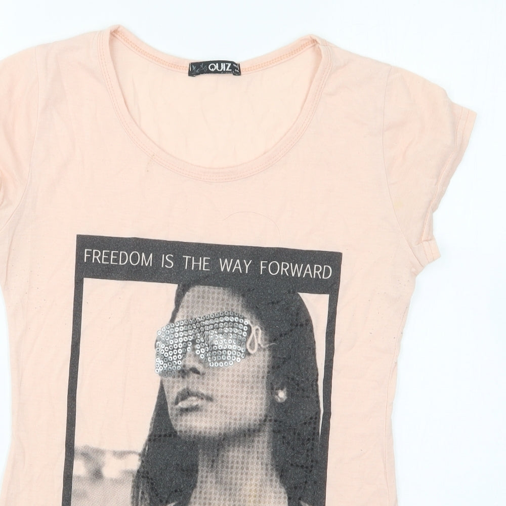 Quiz Womens Pink Cotton Basic T-Shirt Size 12 Round Neck - Freedom Is The Way Forward