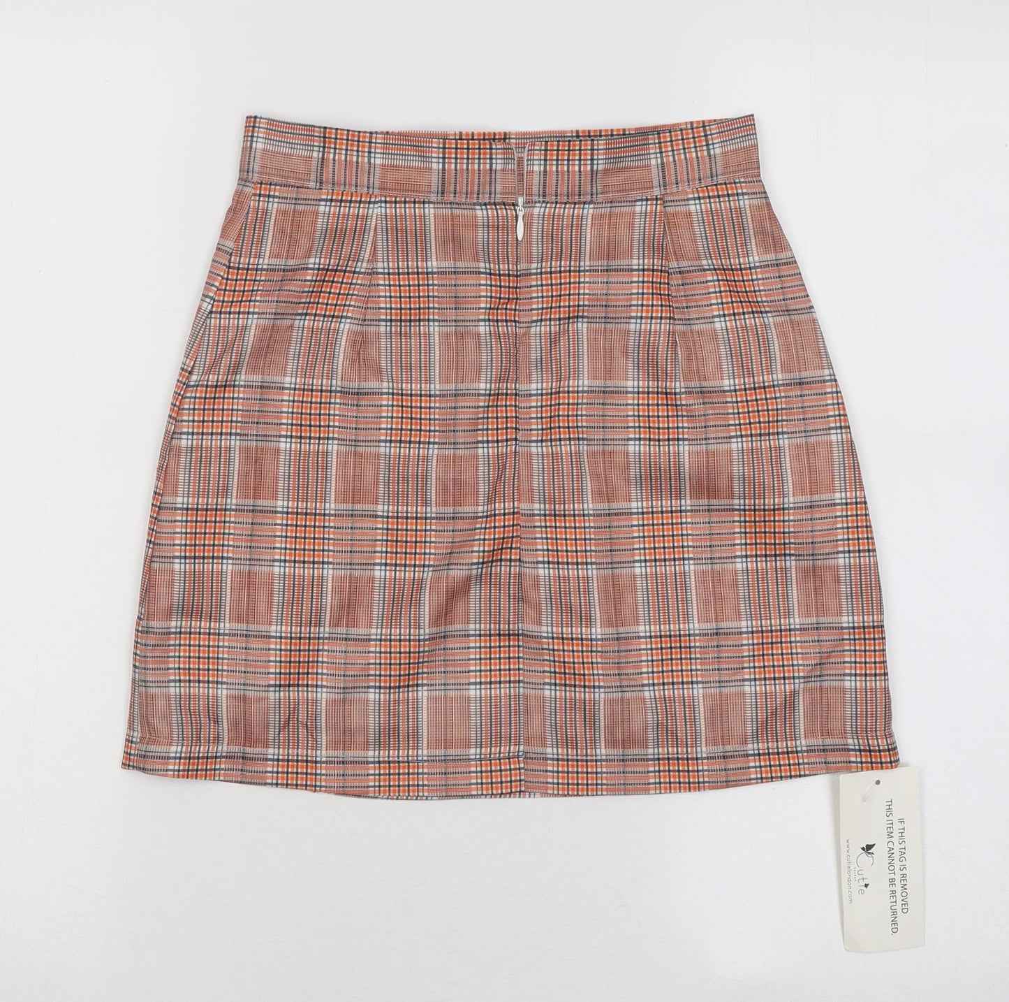 Cutie Womens Orange Plaid Polyester A-Line Skirt Size 8 Zip