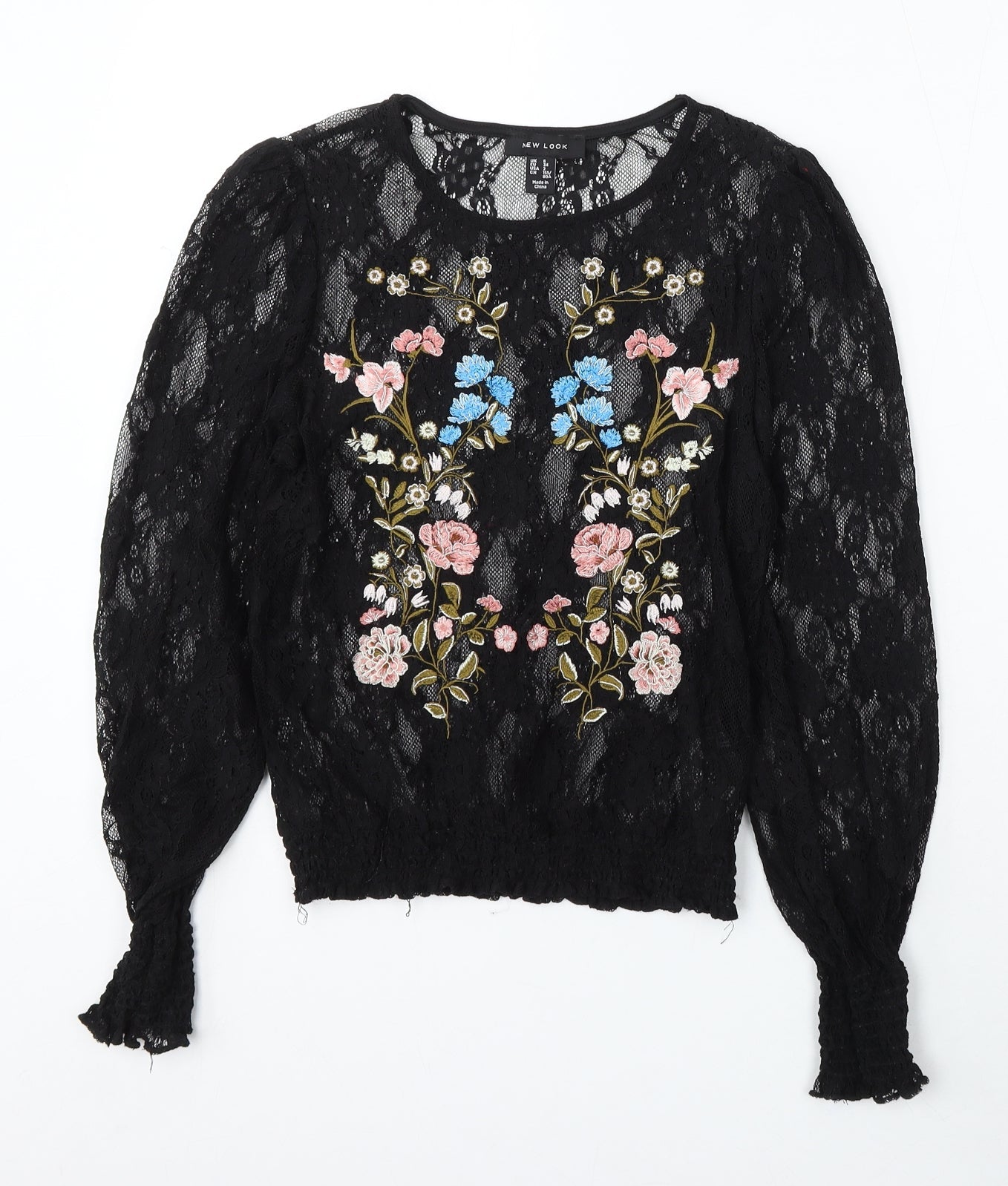 New Look Womens Black Floral Polyamide Basic Blouse Size 6 Round Neck