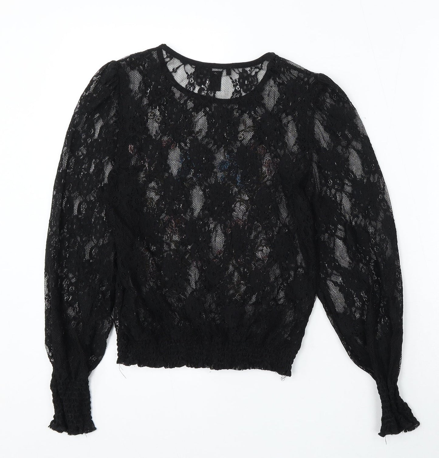 New Look Womens Black Floral Polyamide Basic Blouse Size 6 Round Neck