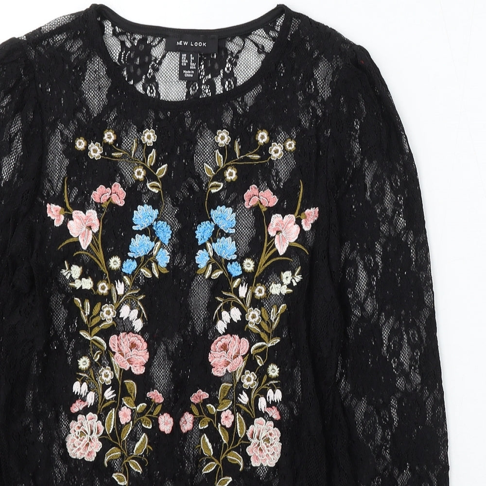 New Look Womens Black Floral Polyamide Basic Blouse Size 6 Round Neck