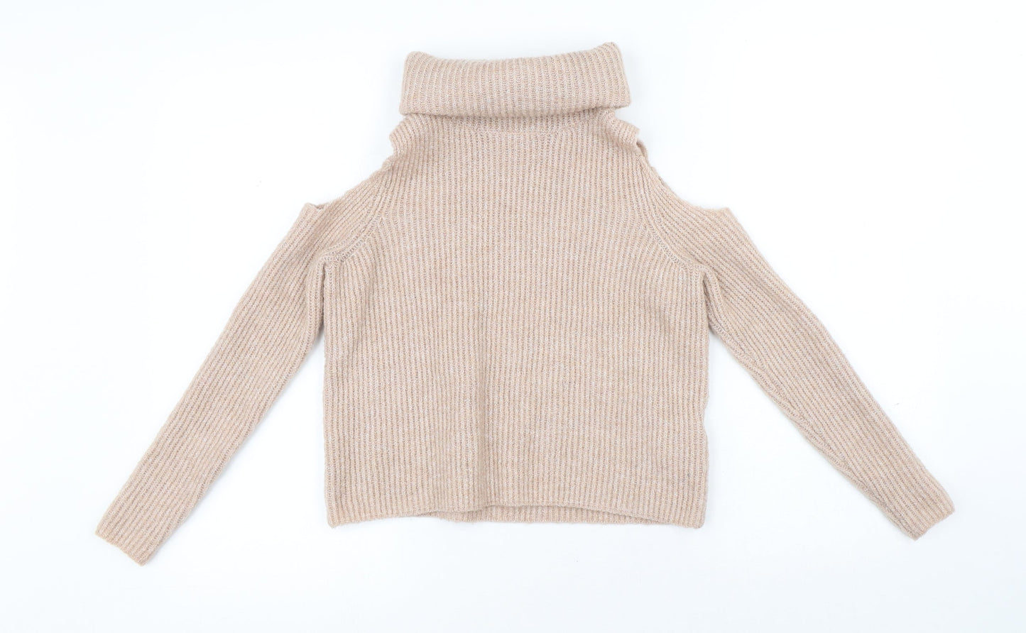 New Look Womens Beige Roll Neck Polyester Pullover Jumper Size 4 - Cold Shoulder