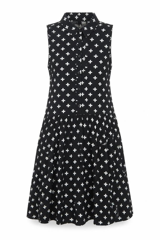 H&M Womens Black Geometric Viscose A-Line Size 12 Collared Zip - Cross Print