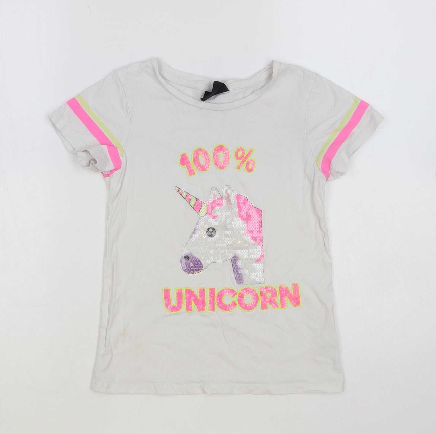 Primark Girls White Cotton Pullover T-Shirt Size 7-8 Years Crew Neck Pullover - Unicorn