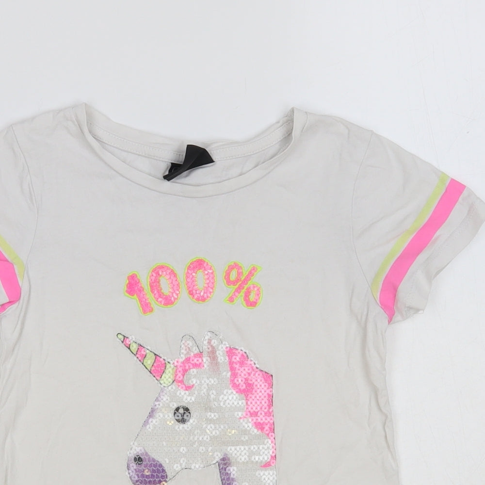 Primark Girls White Cotton Pullover T-Shirt Size 7-8 Years Crew Neck Pullover - Unicorn