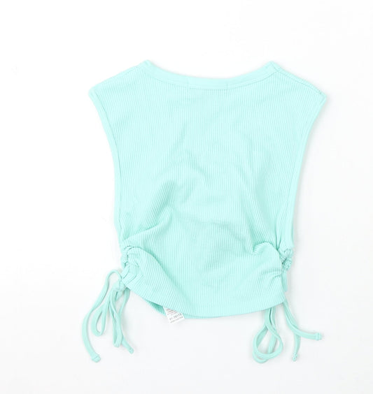 Dunnes Stores Womens Blue Polyester Cropped Tank Size XS Round Neck Pullover - Ruched sides