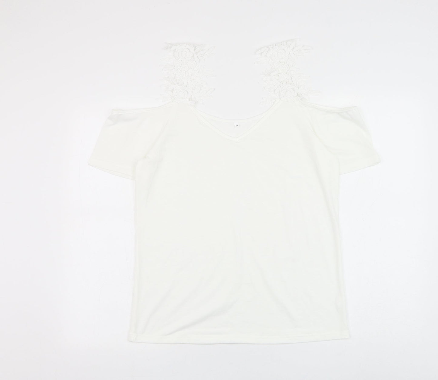 Preworn Womens White Polyester Basic Blouse Size M V-Neck - Crochet Cold Shoulder
