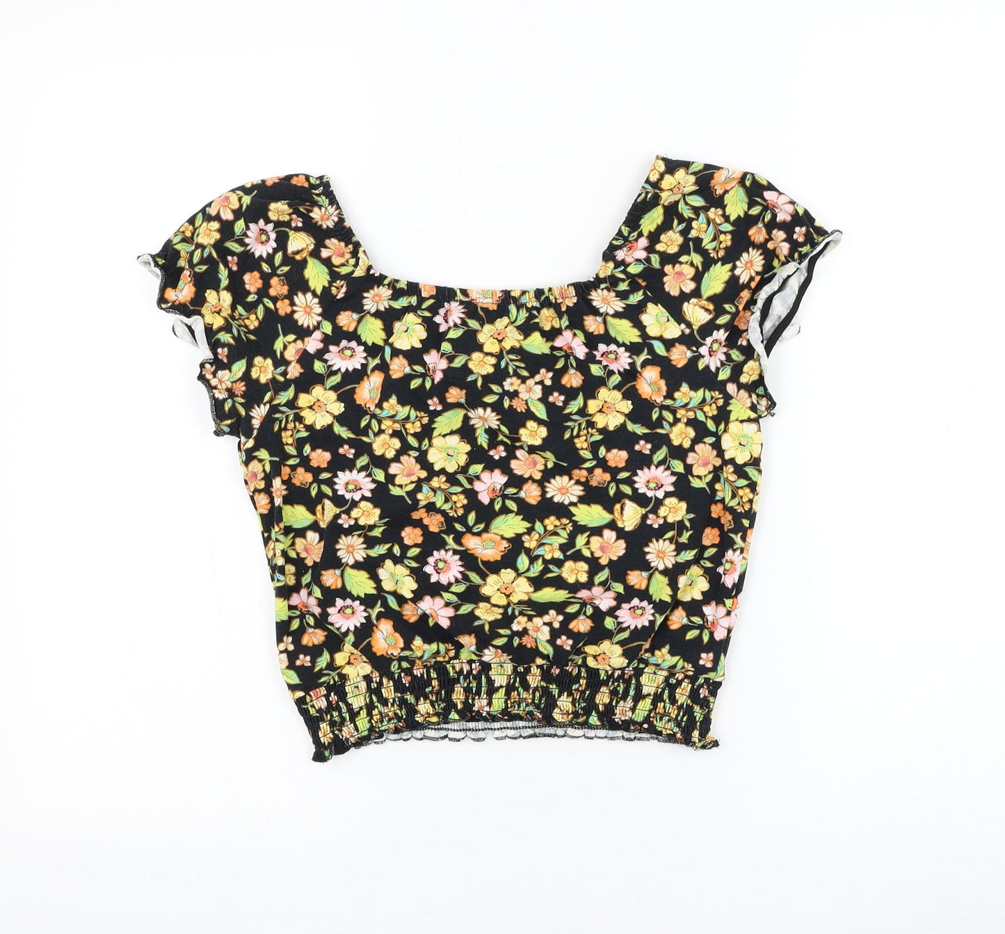 George Girls Black Floral Cotton Basic Blouse Size 11-12 Years Boat Neck Pullover