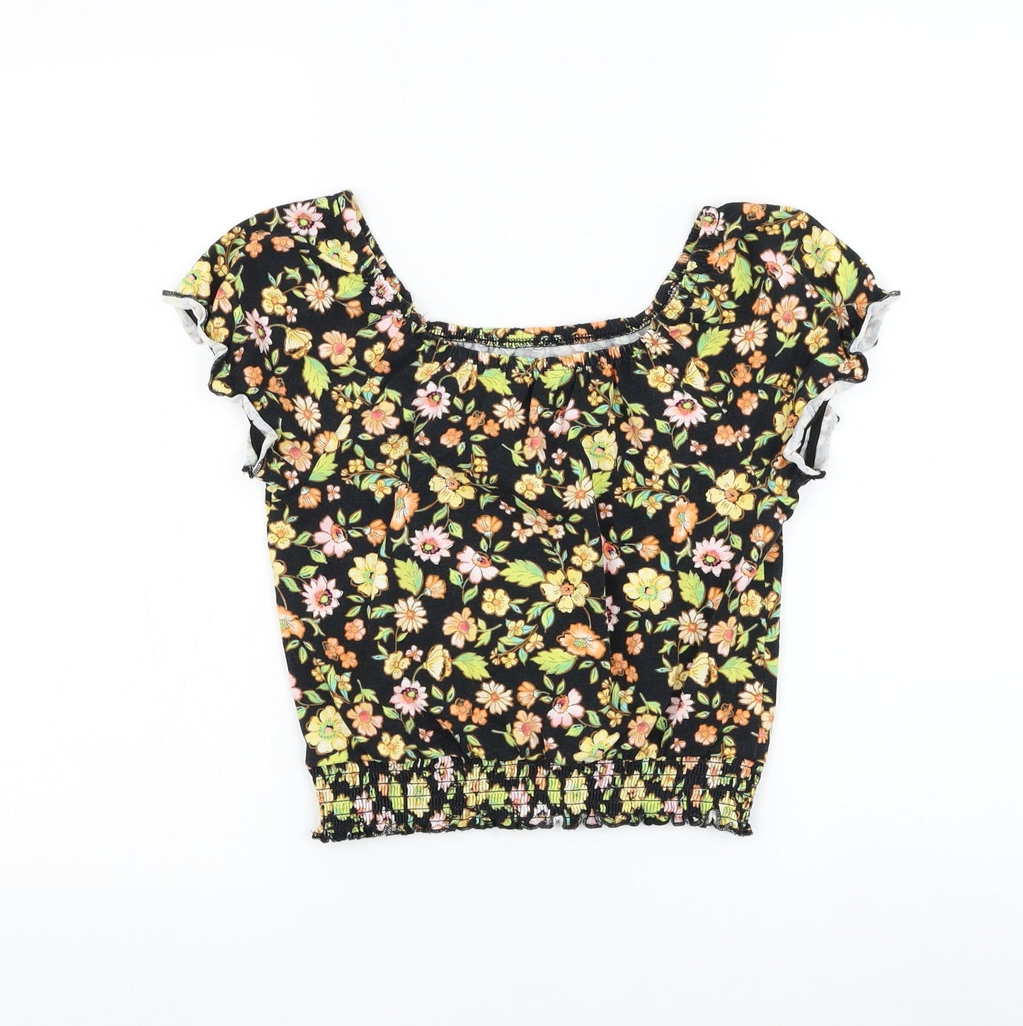 George Girls Black Floral Cotton Basic Blouse Size 11-12 Years Boat Neck Pullover