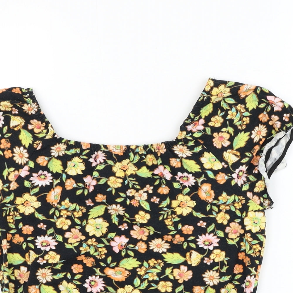 George Girls Black Floral Cotton Basic Blouse Size 11-12 Years Boat Neck Pullover