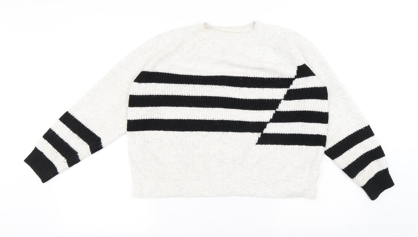 Marks and Spencer Womens White Round Neck Striped Acrylic Pullover Jumper Size M