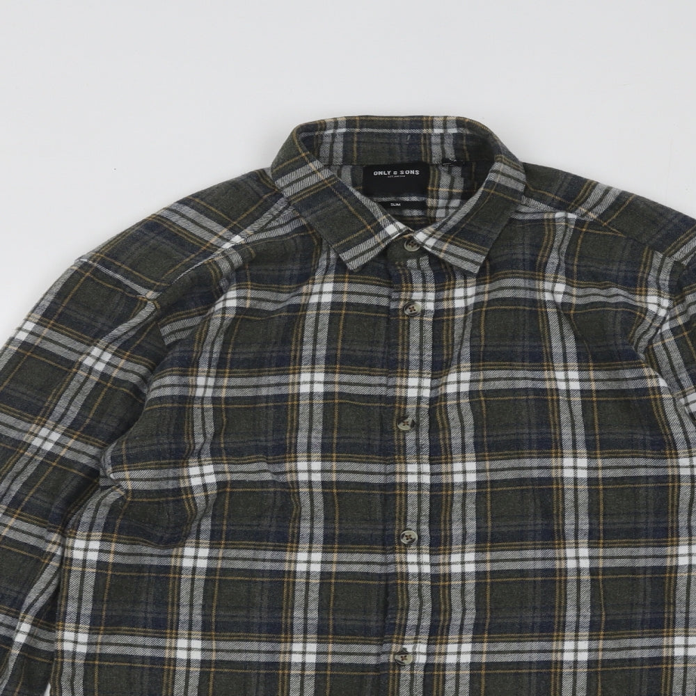 ONLY & SONS Mens Green Plaid Cotton Button-Up Size S Collared Button