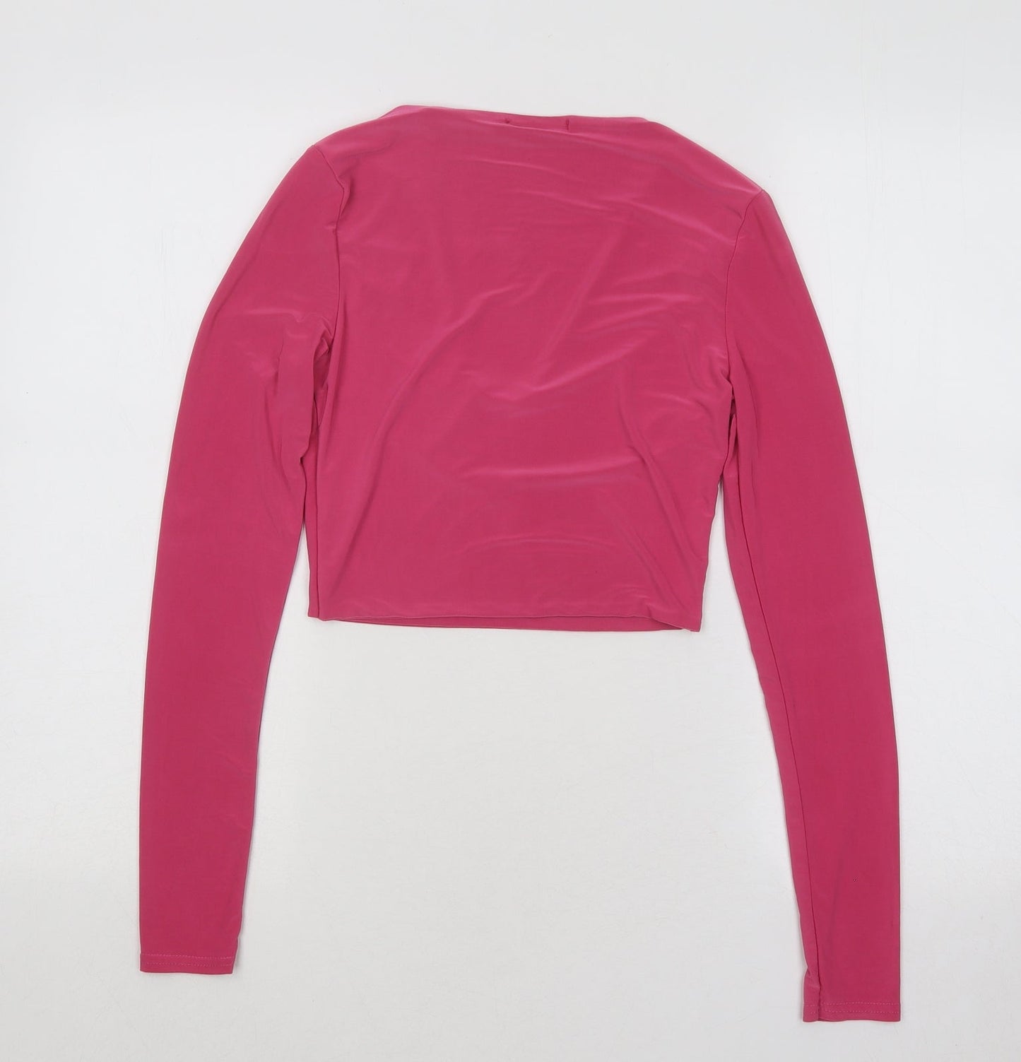 PRETTYLITTLETHING Womens Pink Polyester Cropped T-Shirt Size 8 Scoop Neck