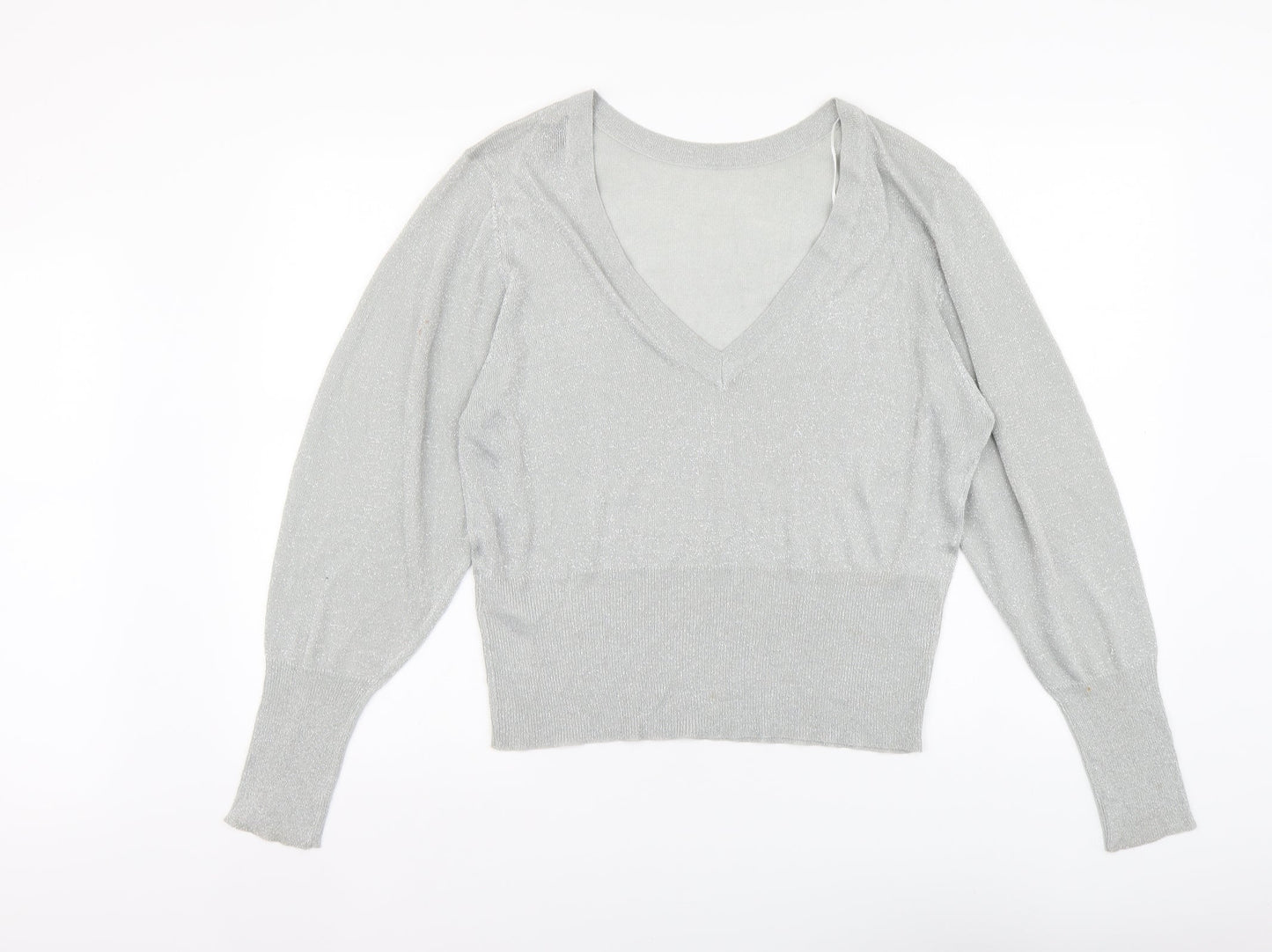 VILA Womens Silver V-Neck Viscose Henley Jumper Size L