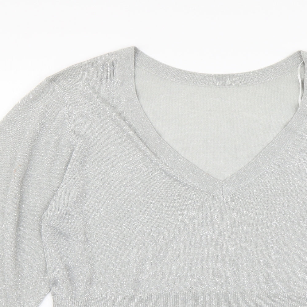 VILA Womens Silver V-Neck Viscose Henley Jumper Size L