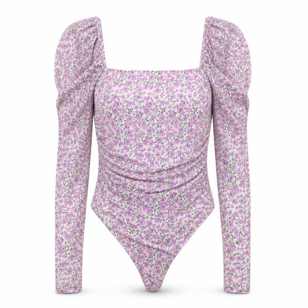 Naanaa Womens Purple Floral Polyester Bodysuit One-Piece Size 8 Button