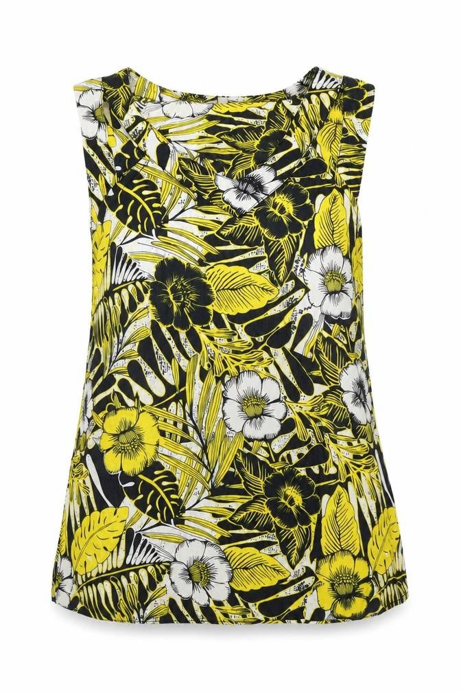 Peackocks Womens Yellow Floral 100% Cotton Tunic Blouse Size 10 V-Neck - V Neck