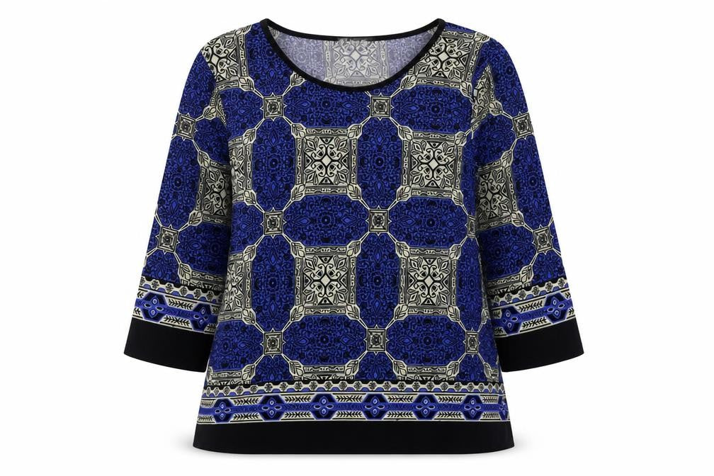 Alexara Womens Blue Geometric Polyester Basic Blouse Size 14 Scoop Neck