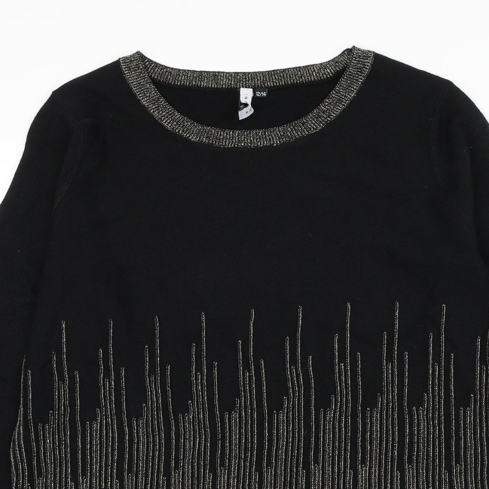 Intuition Womens Black Round Neck Geometric Acrylic Pullover Jumper Size 12