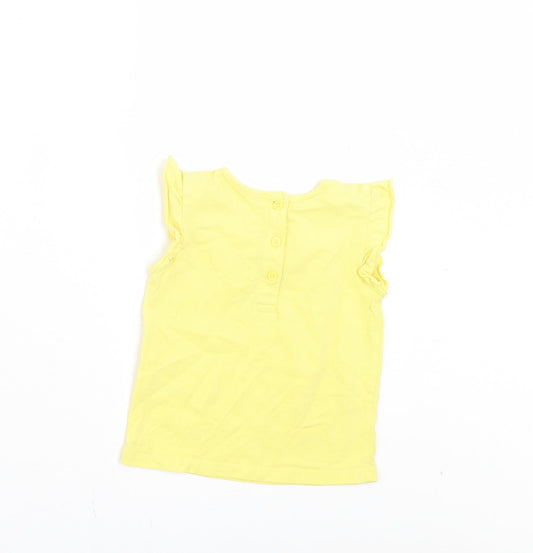 Matalan Girls Yellow Cotton Basic T-Shirt Size 9-12 Months Crew Neck Button - Ruffle Sleeves