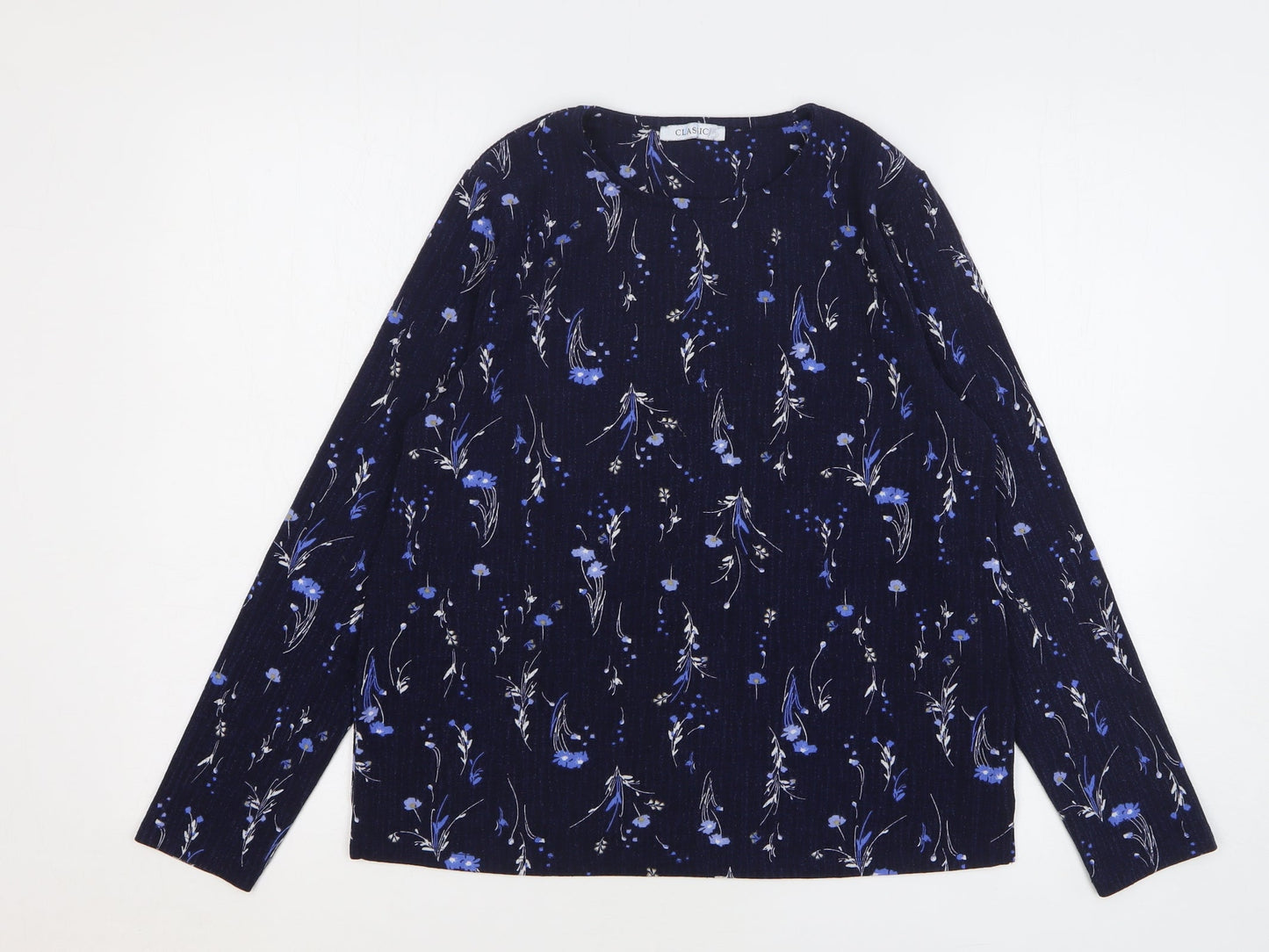 Marks and Spencer Womens Blue Floral Polyester Basic T-Shirt Size 8 Round Neck