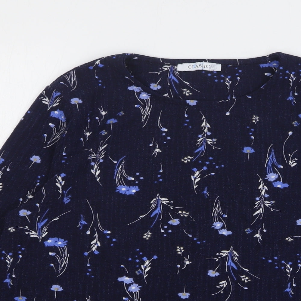 Marks and Spencer Womens Blue Floral Polyester Basic T-Shirt Size 8 Round Neck