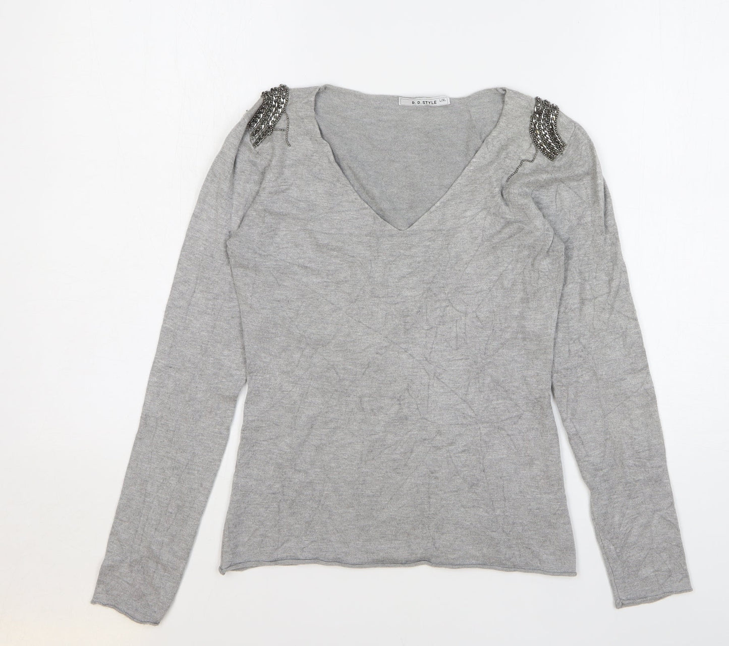 D.D. Style Womens Grey V-Neck Viscose Pullover Jumper Size L