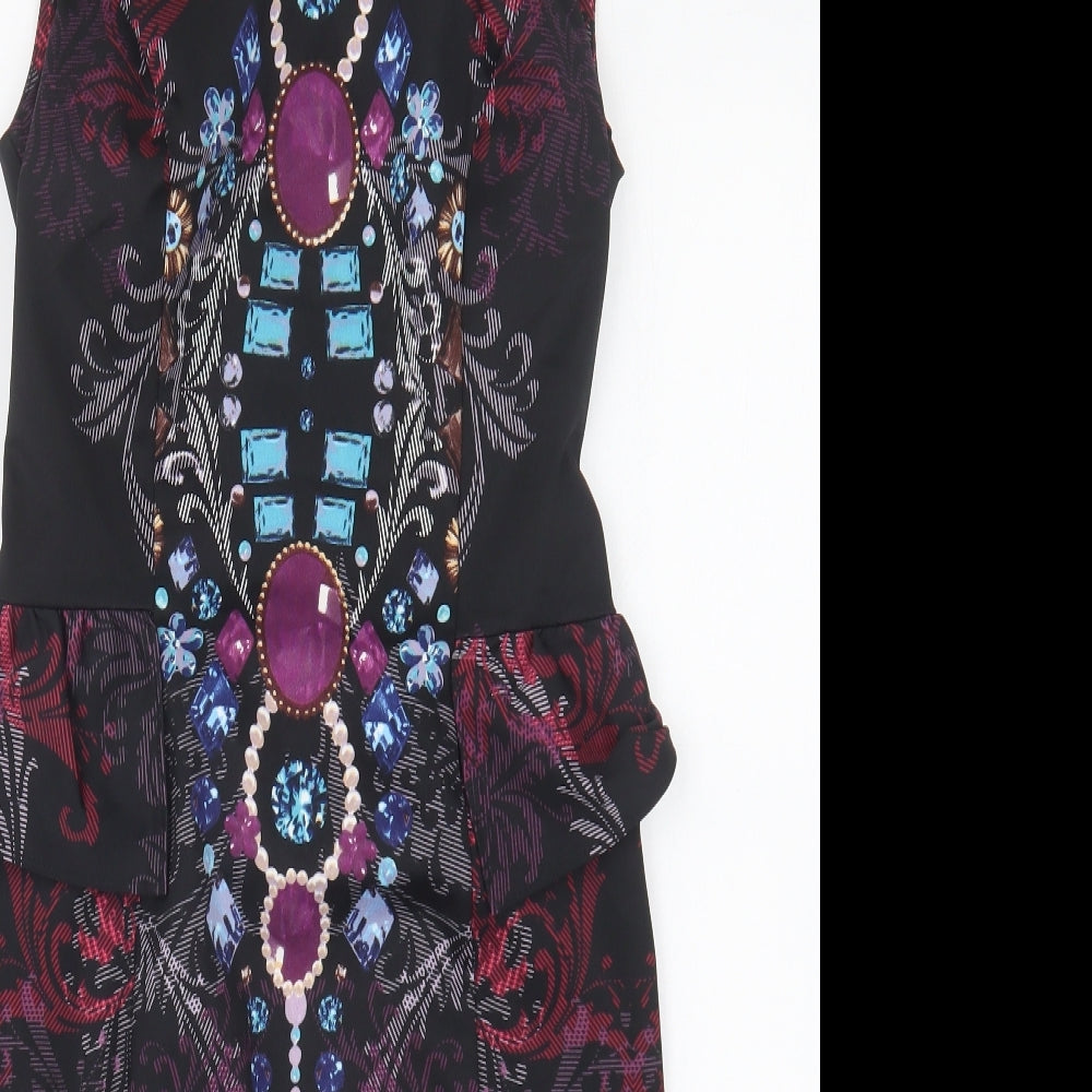 Red Herring Womens Black Geometric Polyester Bodycon Size 8 V-Neck Pullover