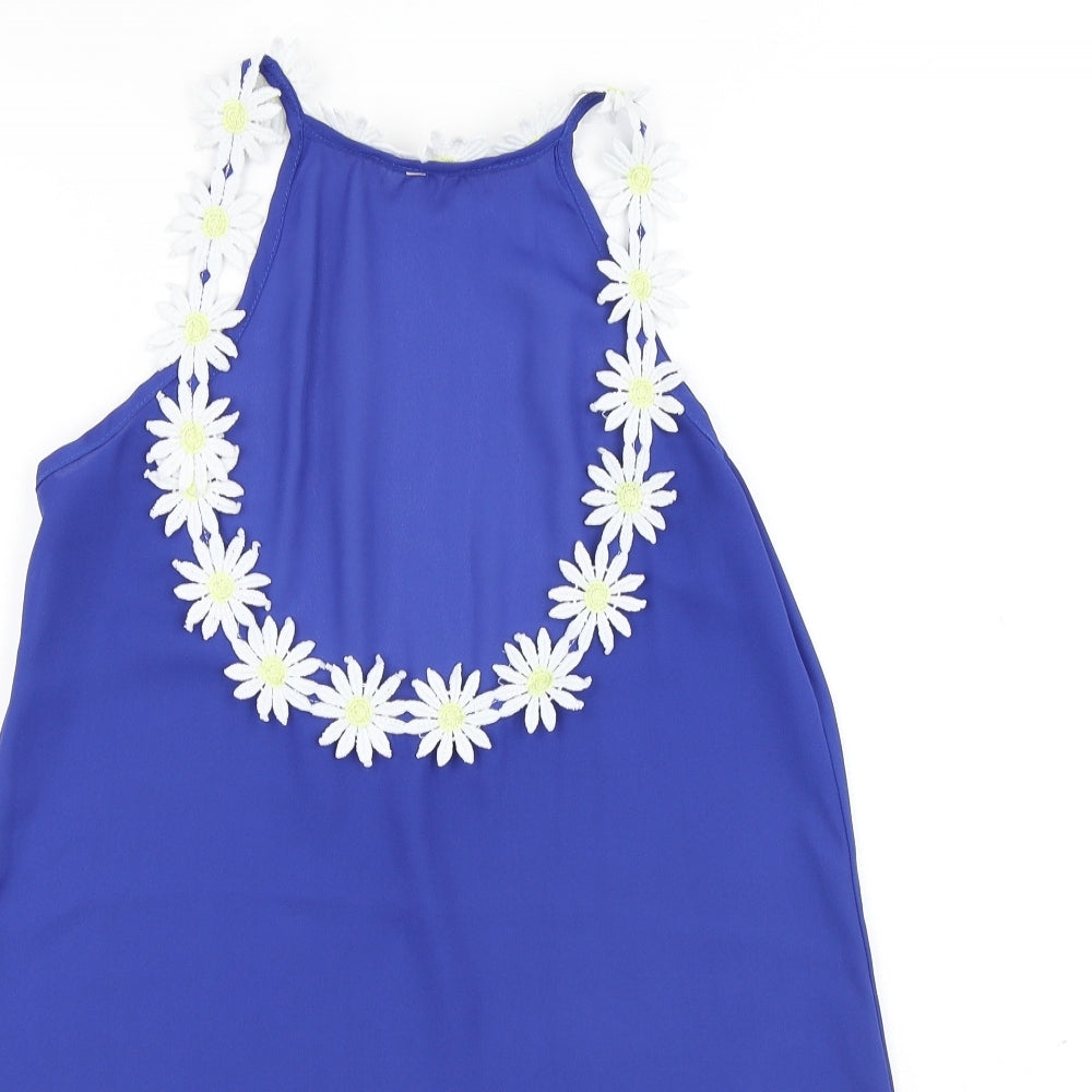 Preworn Womens Blue Floral Polyester Basic Blouse Size L Round Neck - Flowers