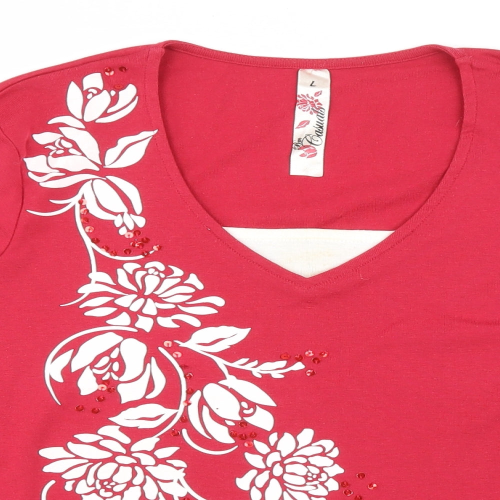 BM Womens Red Polyester Basic T-Shirt Size L V-Neck - Flowers