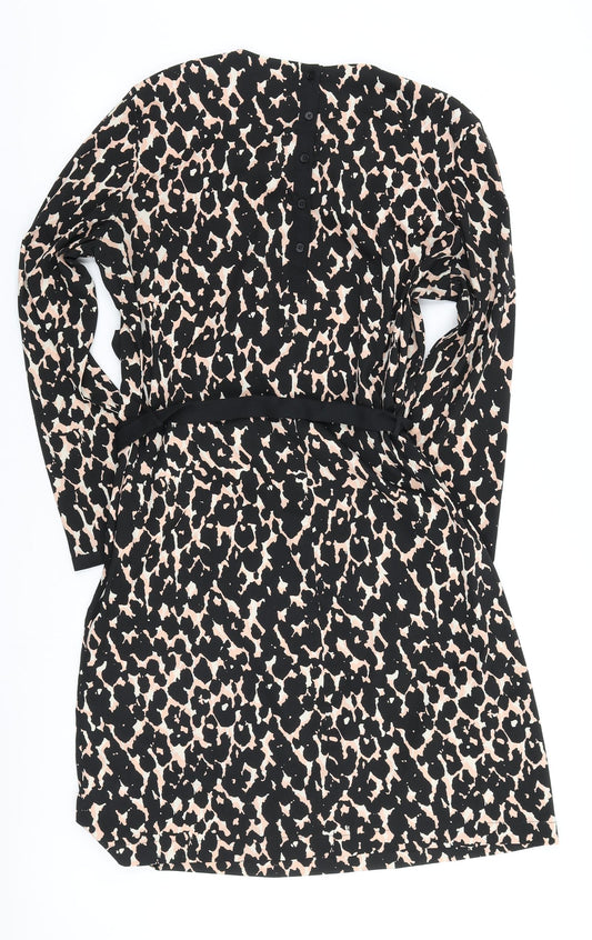 Great Plains Womens Black Animal Print Polyester A-Line Size L Round Neck Button