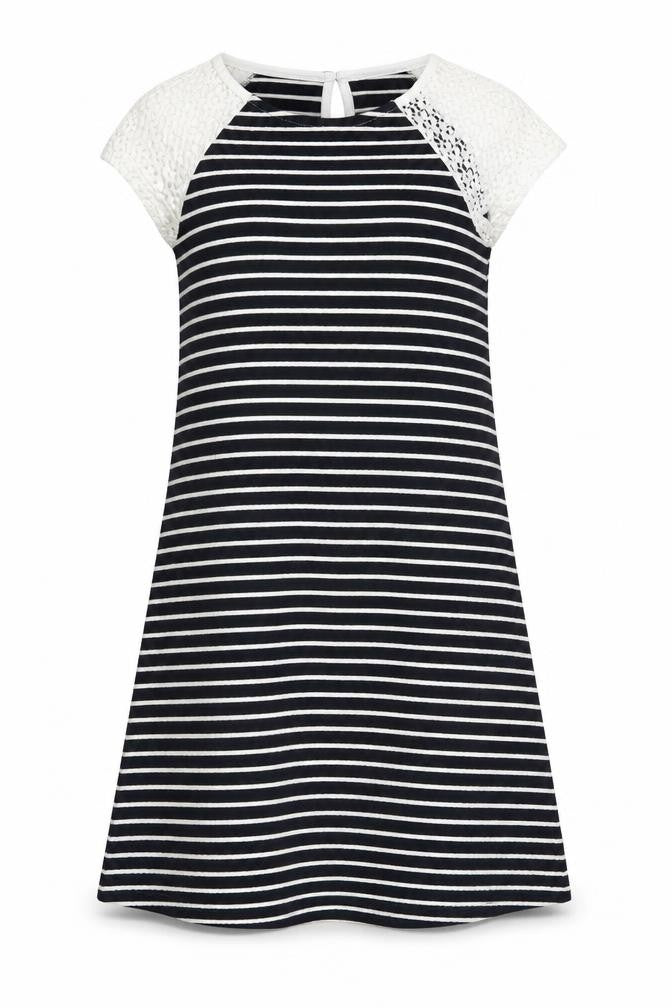 Young Dimension Girls Blue Striped Polyester A-Line Size 12-13 Years Round Neck Button - Lace sleeve detail