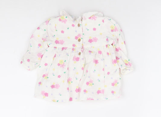 Marks and Spencer Girls White Floral 100% Cotton A-Line Size 3-6 Months Crew Neck Button