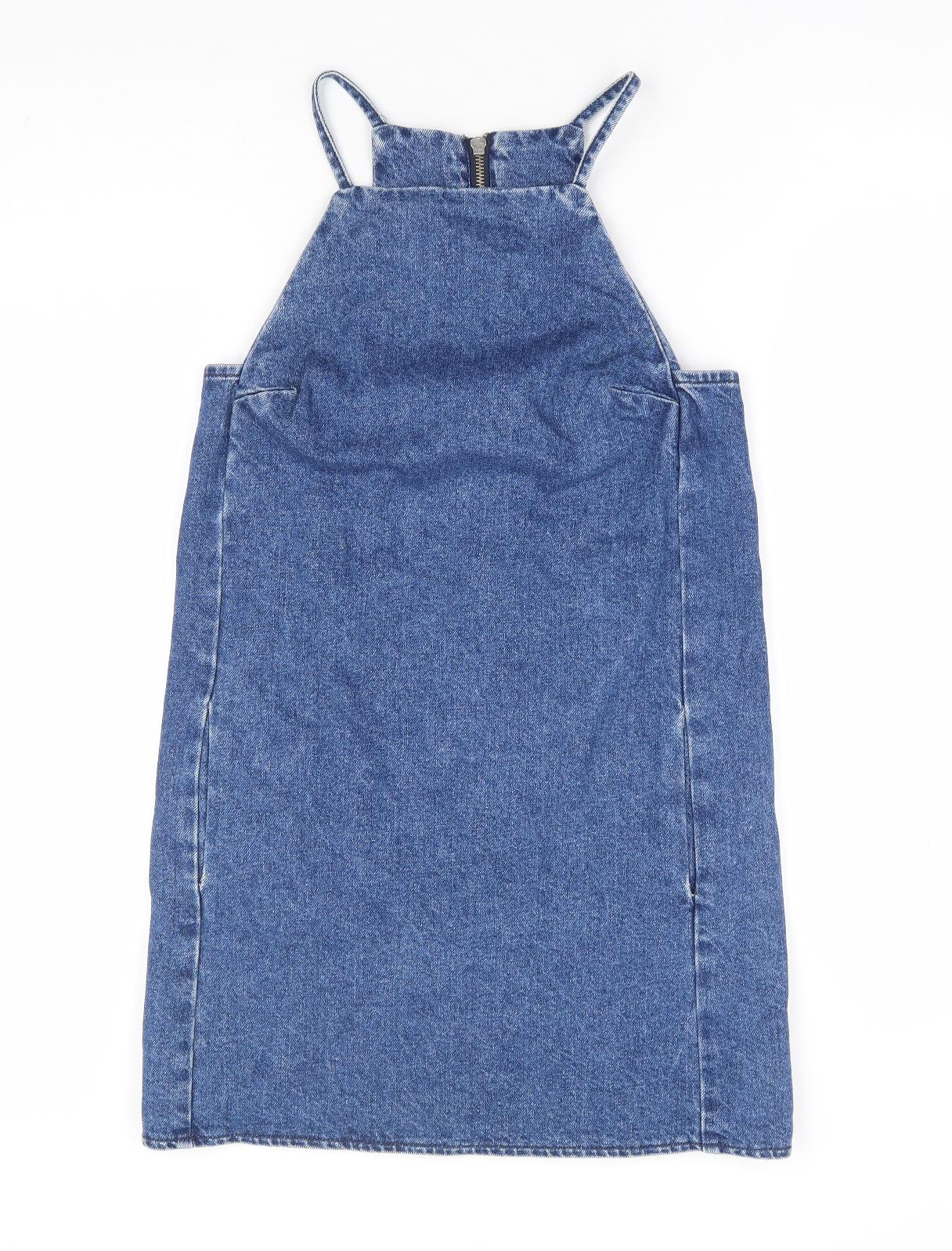 Topshop Womens Blue Cotton Pinafore/Dungaree Dress Size 4 Scoop Neck Zip