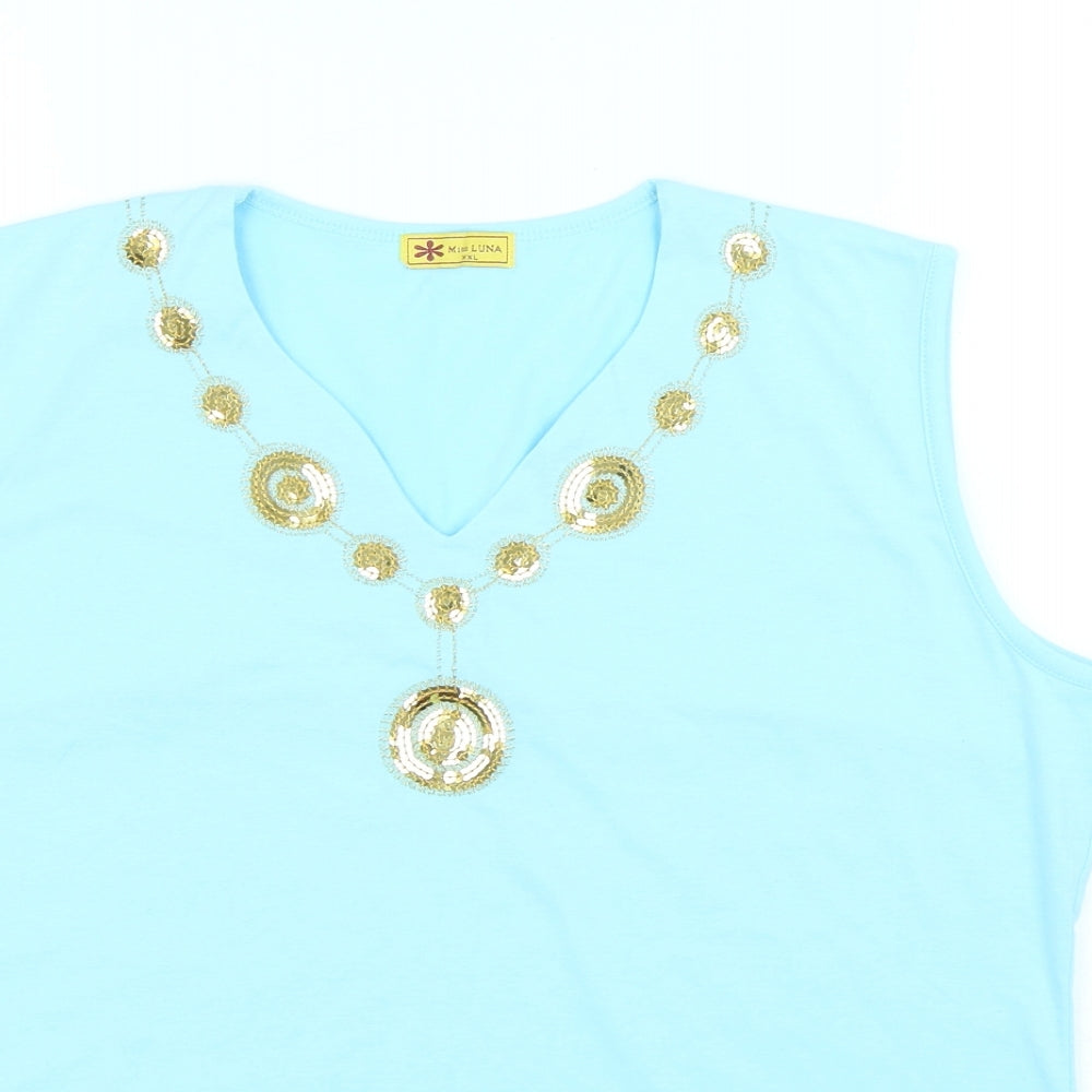 Miss Luna Womens Blue Cotton Basic Tank Size 2XL V-Neck