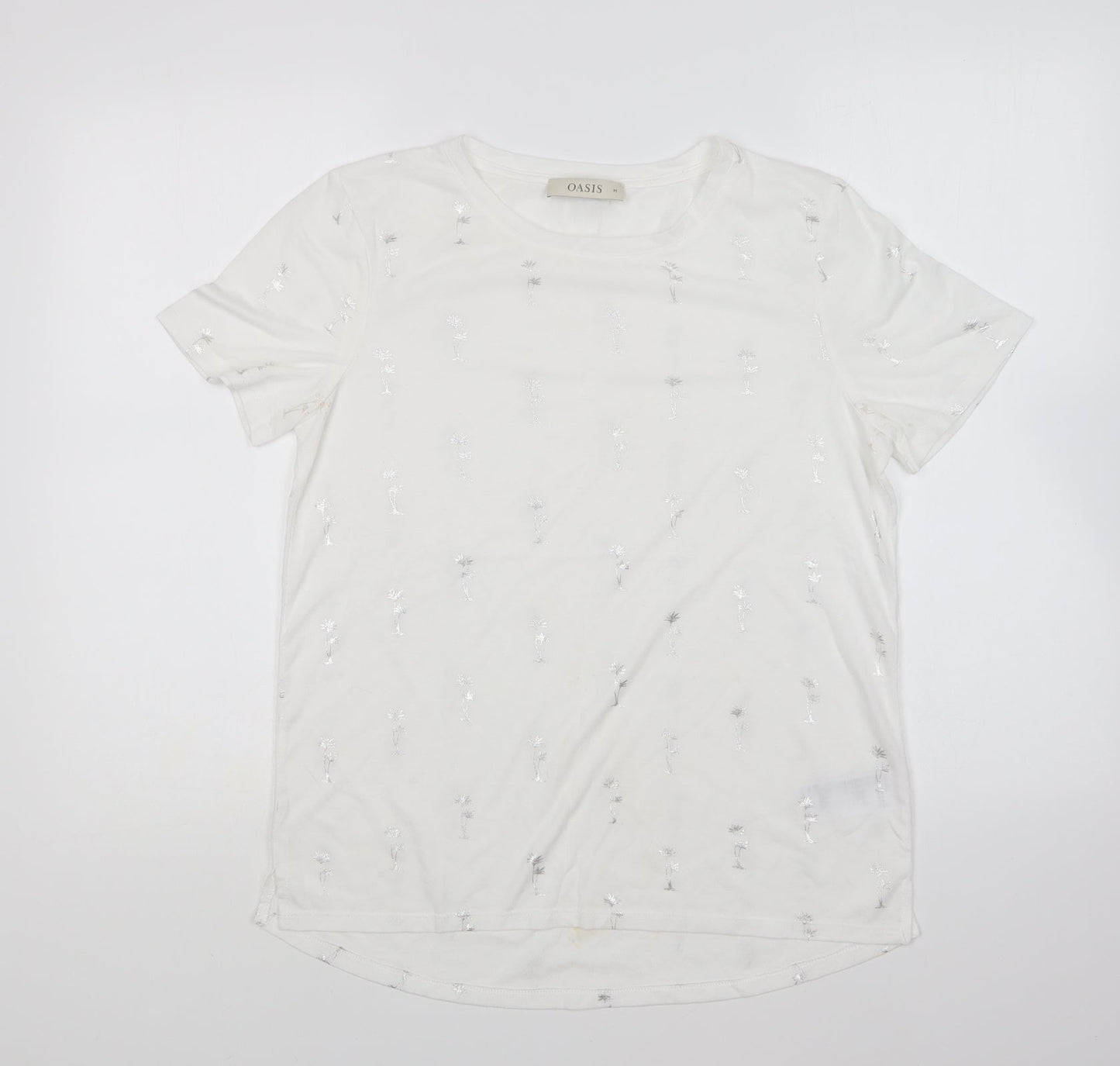 Oasis Womens White Geometric Polyester Basic T-Shirt Size M Round Neck