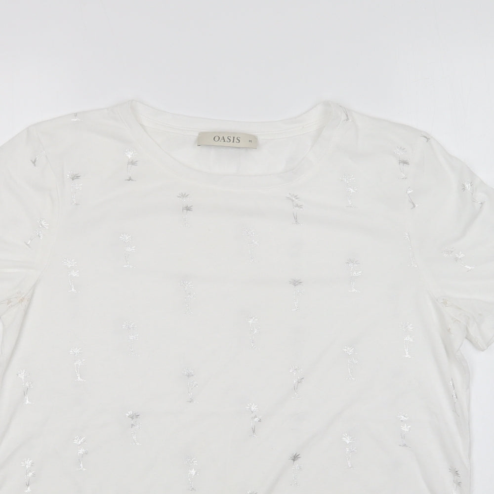 Oasis Womens White Geometric Polyester Basic T-Shirt Size M Round Neck