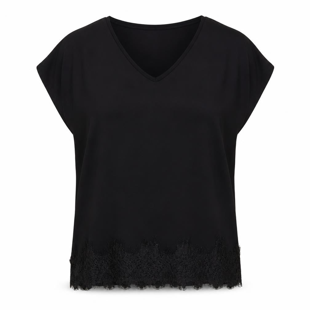Dunnes Womens Black Polyester Basic Blouse Size L V-Neck - Lace Detail
