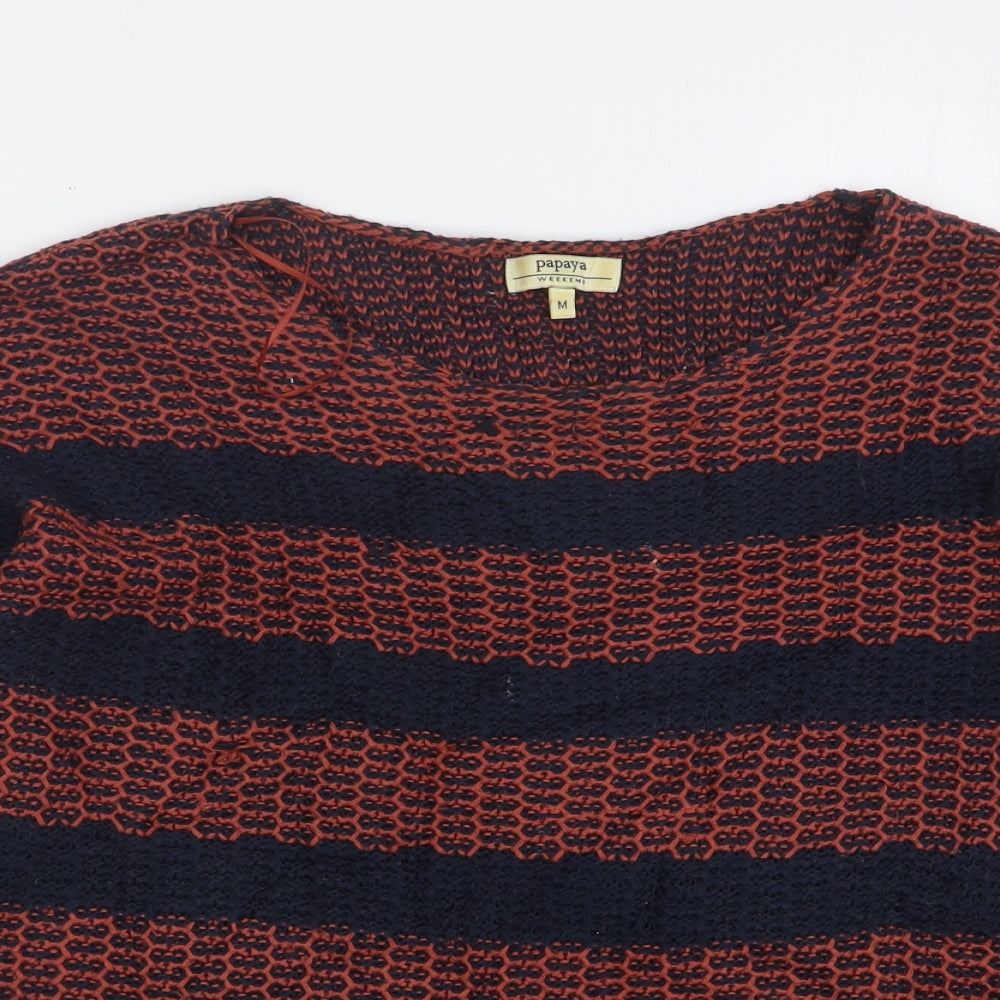 Papaya Womens Brown Round Neck Striped Acrylic Pullover Jumper Size M