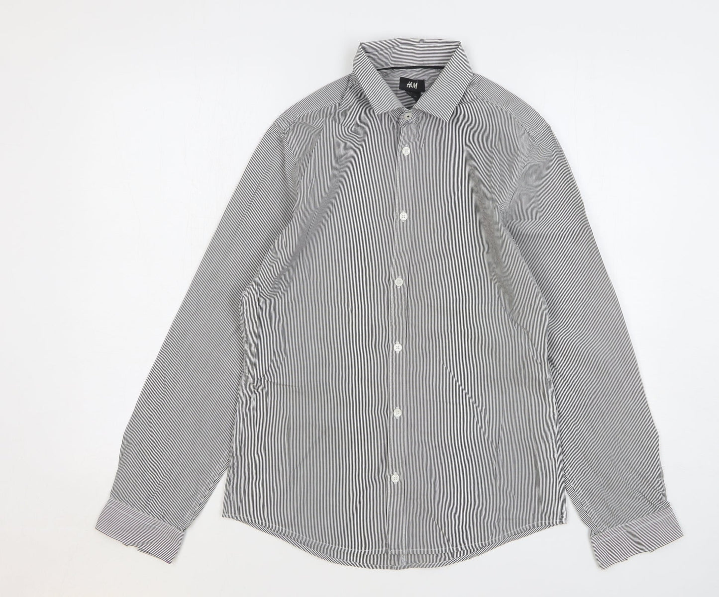 H&M Mens Green Striped Cotton Button-Up Size S Collared Button