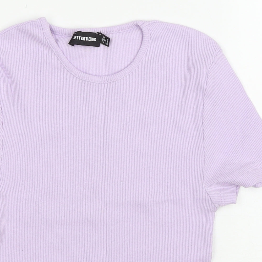 PRETTYLITTLETHING Womens Purple Polyester Cropped T-Shirt Size S Round Neck
