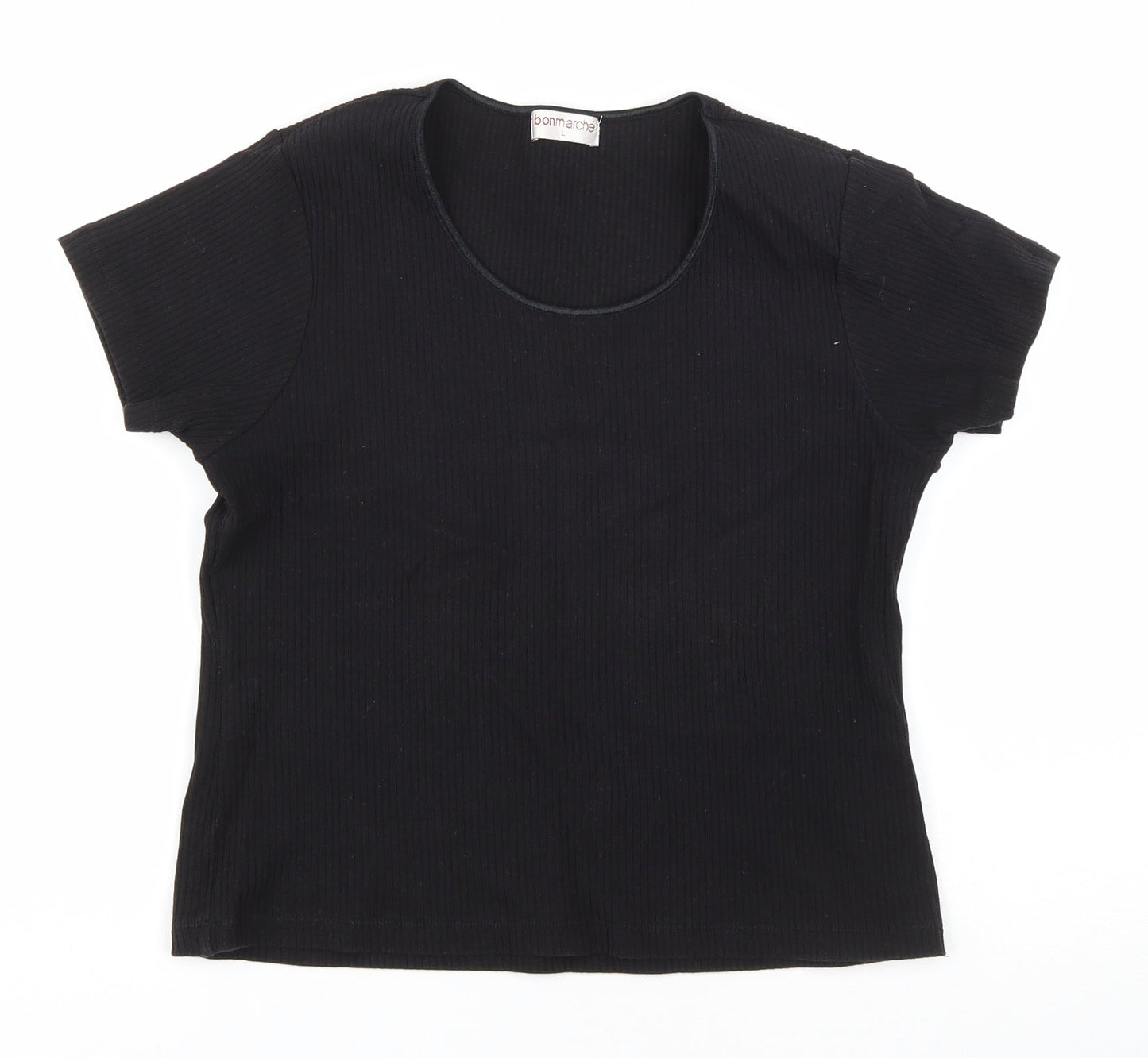 Bonmarché Womens Black Cotton Basic T-Shirt Size L Scoop Neck
