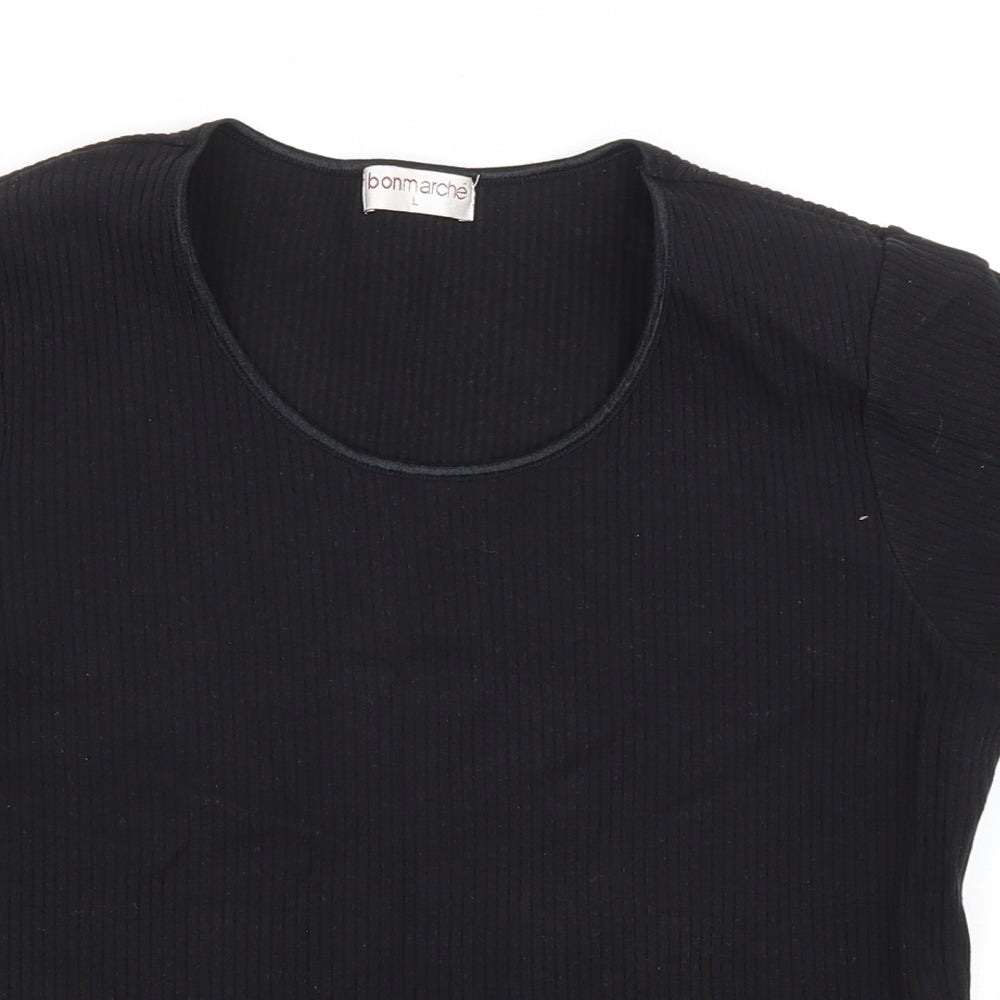 Bonmarché Womens Black Cotton Basic T-Shirt Size L Scoop Neck