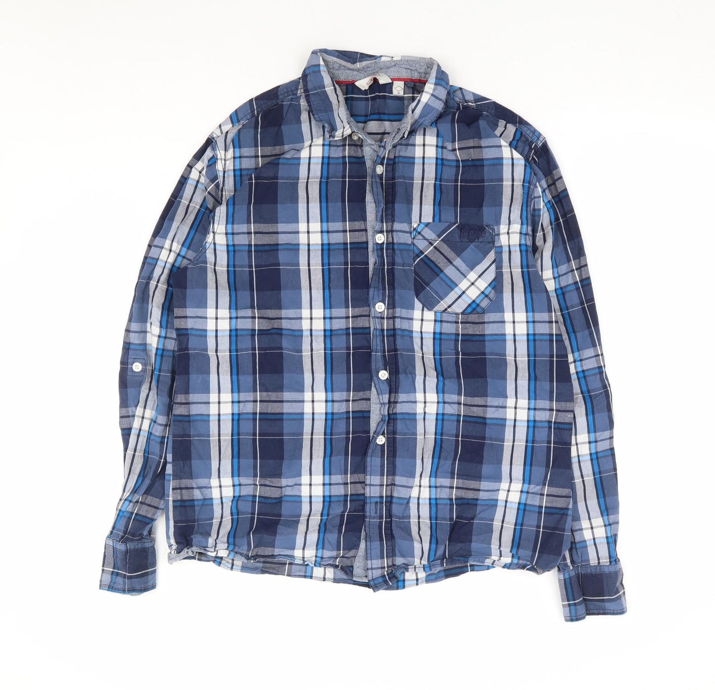 Lee Cooper Mens Blue Plaid Cotton Button-Up Size M Collared Button